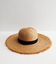 New Look Tan Straw Effect Frayed Floppy Hat